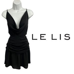 Le Lis Collection Black Draped Cowl Neck Mini Dress with Ruched Waist – Size M